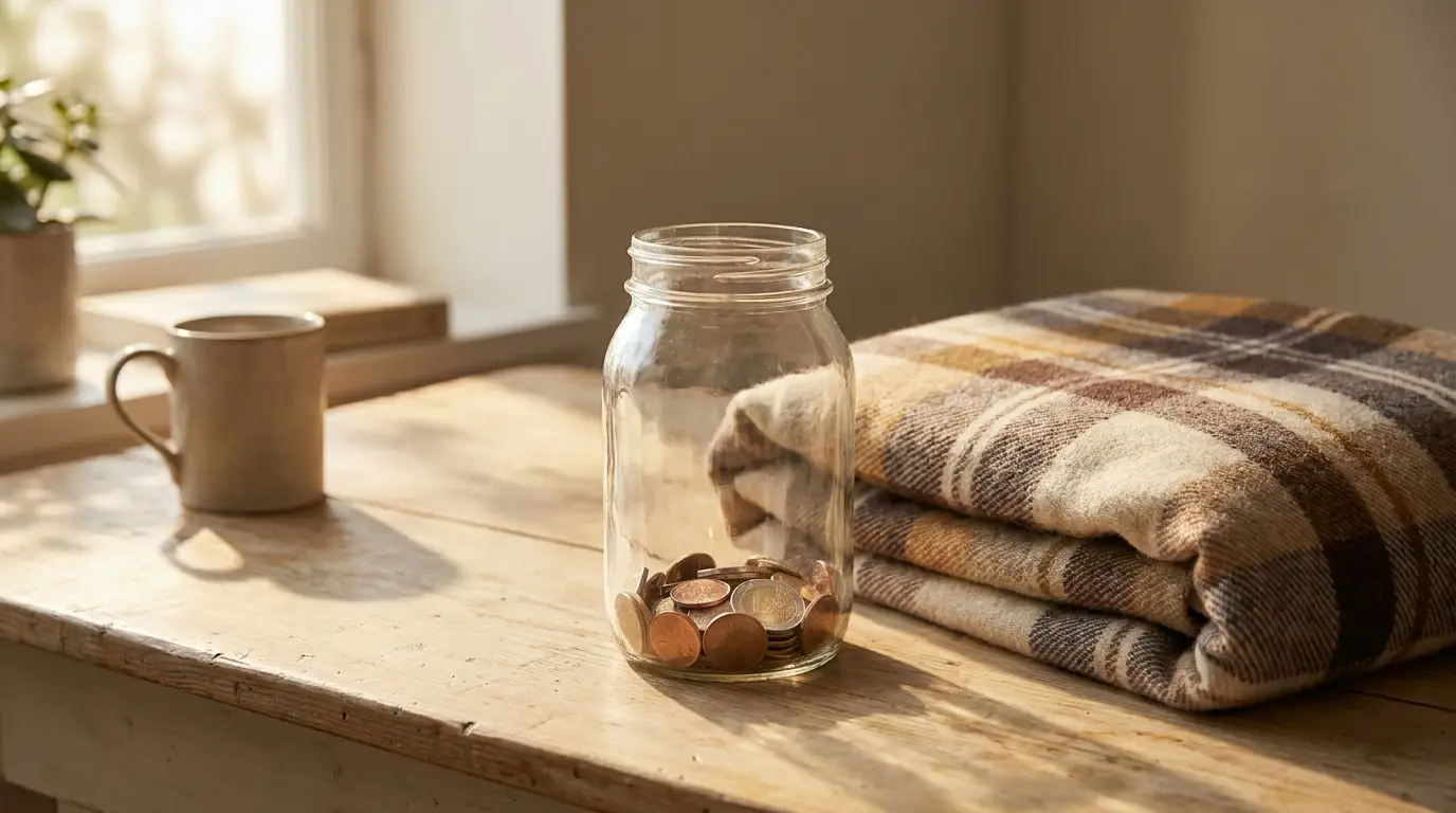 Bocal de pièces et plaid plié sur une table en bois, lumière douce du matin