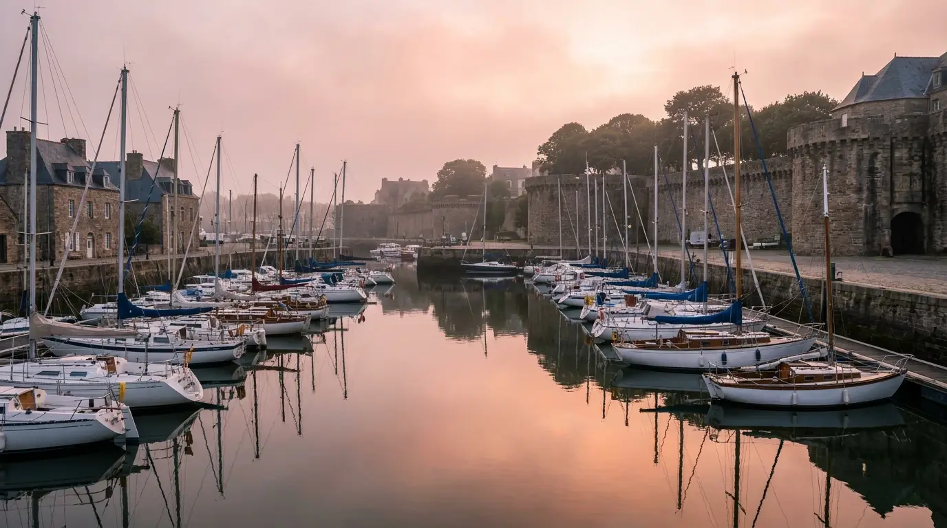 Port de plaisance breton au petit matin, remparts et maisons anciennes
