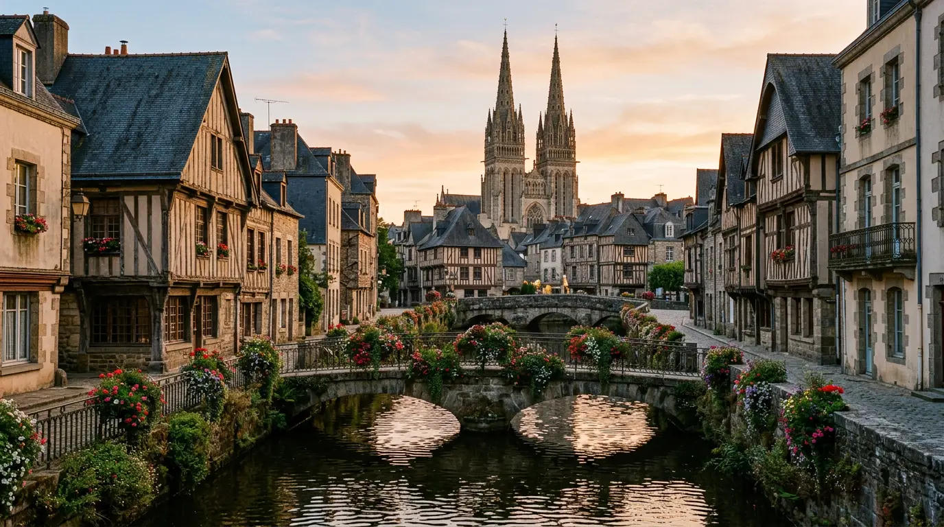Rivière et passerelles fleuries dans le vieux Quimper, cathédrale en arrière-plan