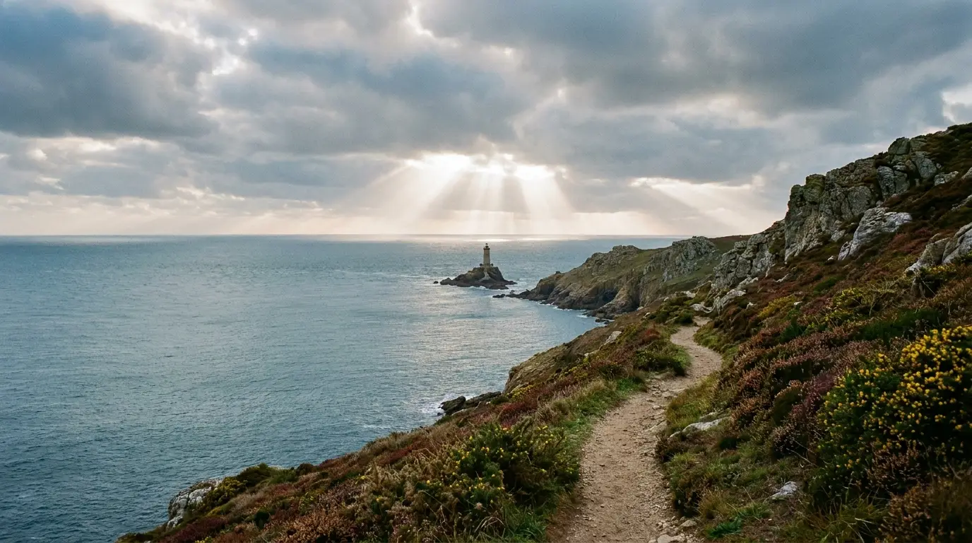 Rade maritime et phare au loin sous un ciel breton traversé de rayons