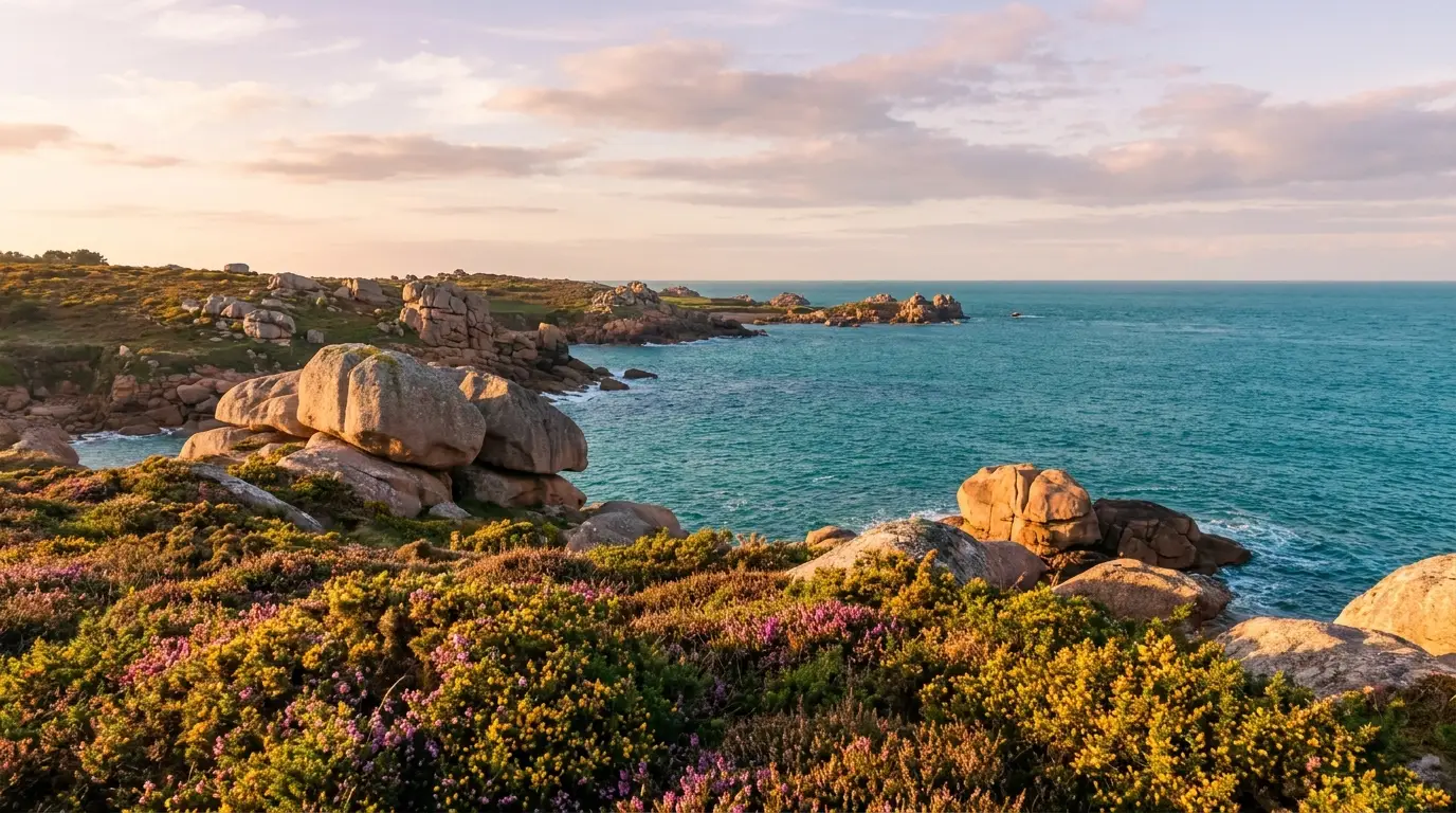 Rochers de granit rose au bord de la mer, lande verte, fin de journée