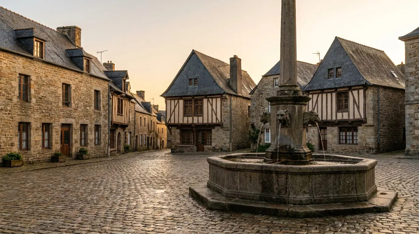 Place historique bretonne, fontaine de pierre et pavés humides sous une lumière douce