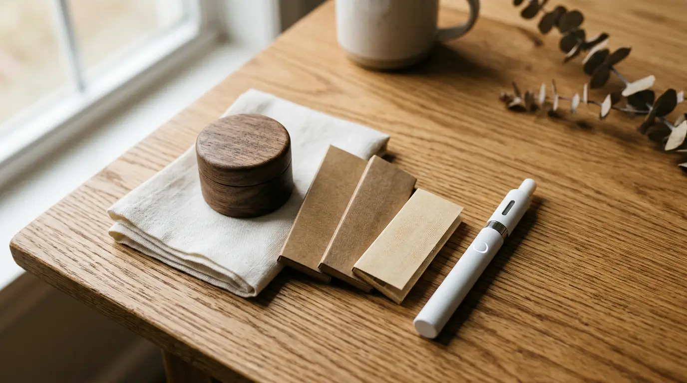 Grinder en bois, feuilles à rouler et vape posés sur une table en chêne