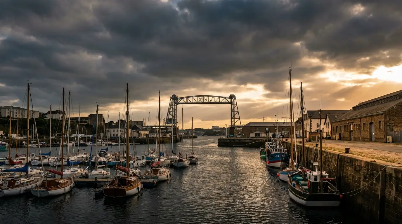 Port de Brest à la tombée du jour, voiliers et pont de Recouvrance