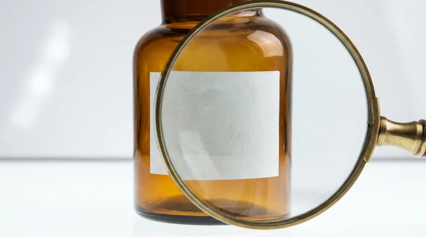 Pot en verre ambré à l'étiquette vierge examiné à la loupe
