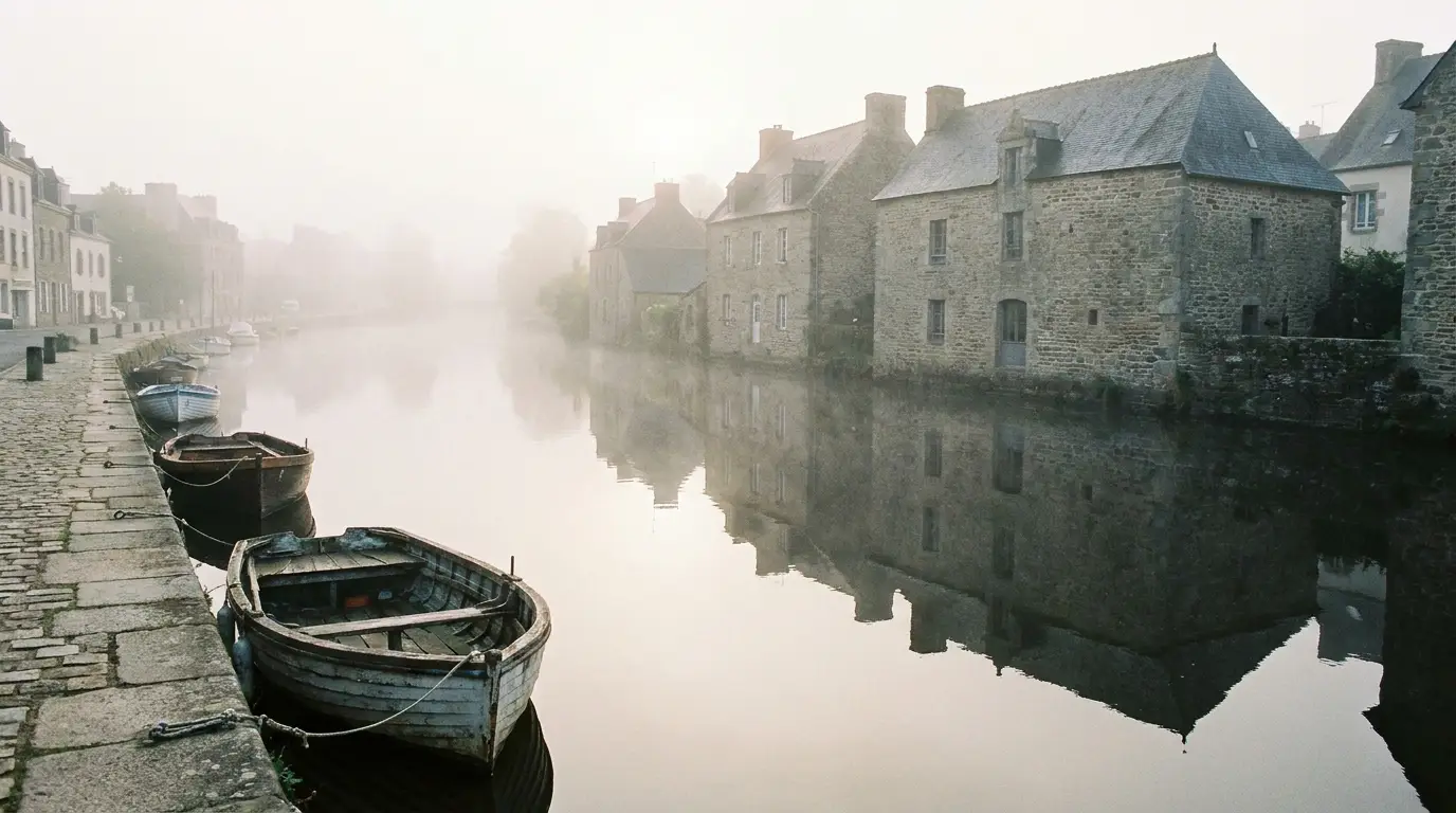 Canal et maisons de pierre à Pontivy au petit matin