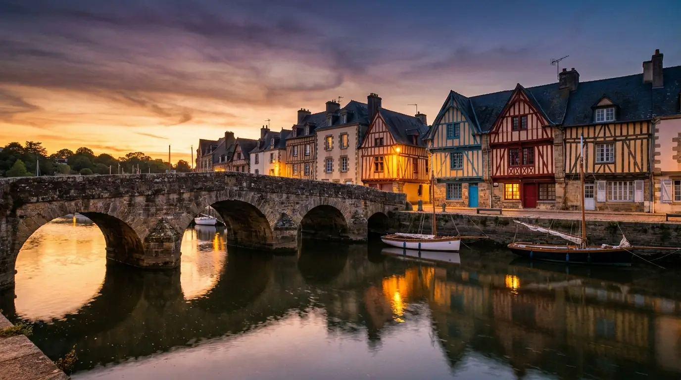 Port de Saint-Goustan à Auray au crépuscule, pont de pierre et voiliers