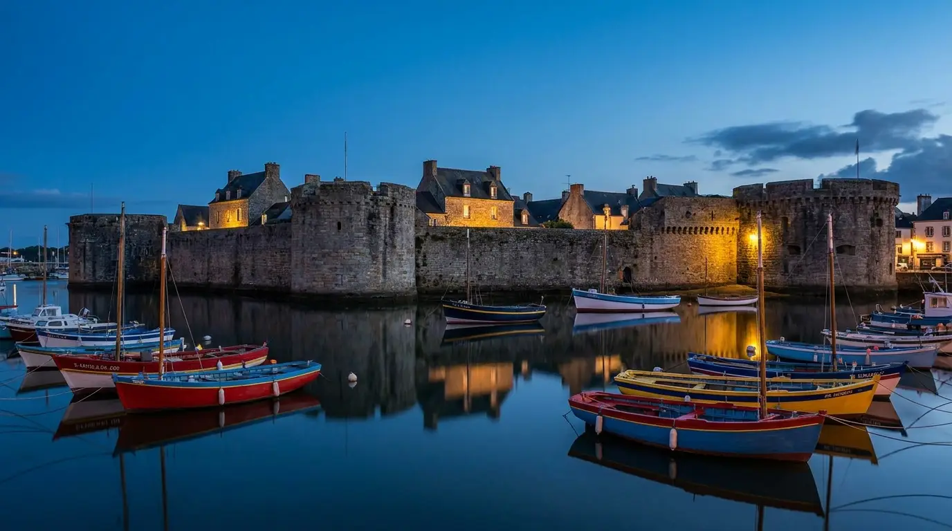 Ville Close de Concarneau à l'heure bleue, remparts et bateaux de pêche