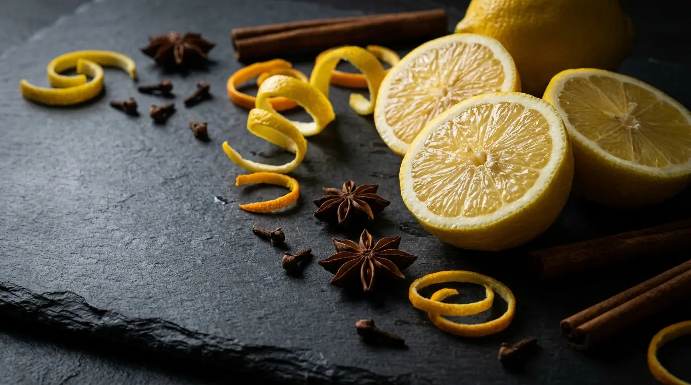 Citrons frais et épices sur ardoise sombre, lumière dramatique