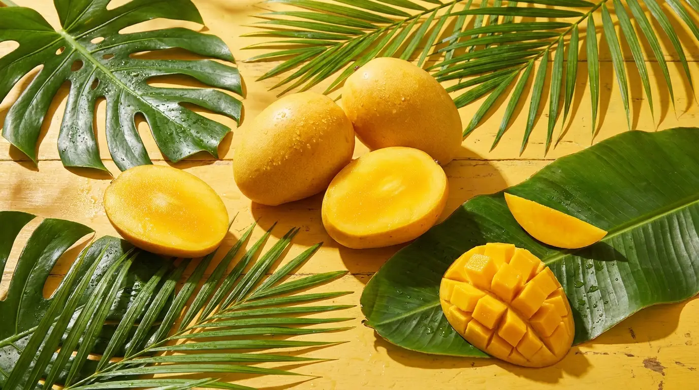 Mangues mûres entières et tranchées avec feuilles tropicales sur fond jaune