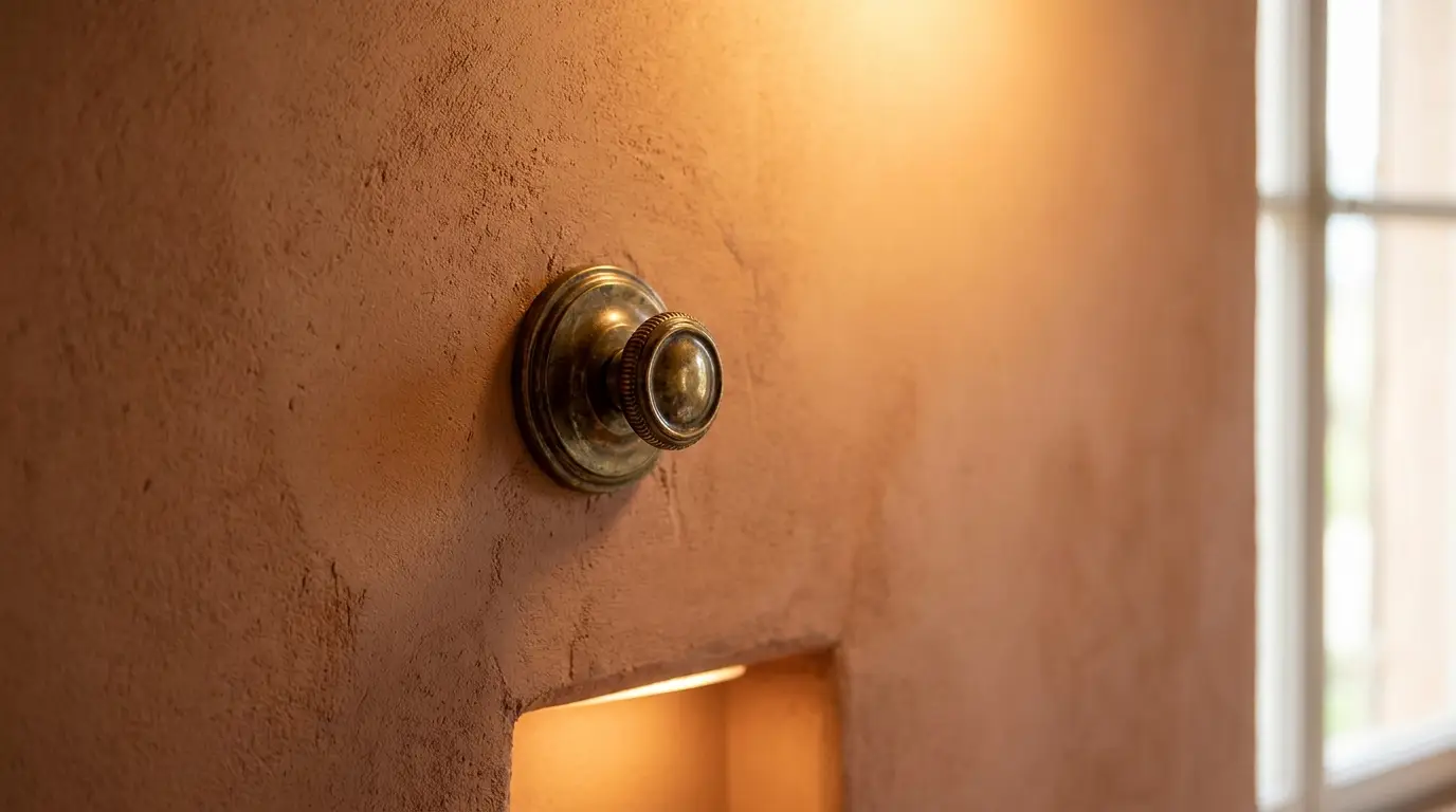 Bouton de variateur en laiton, lumière douce sur un mur chaleureux