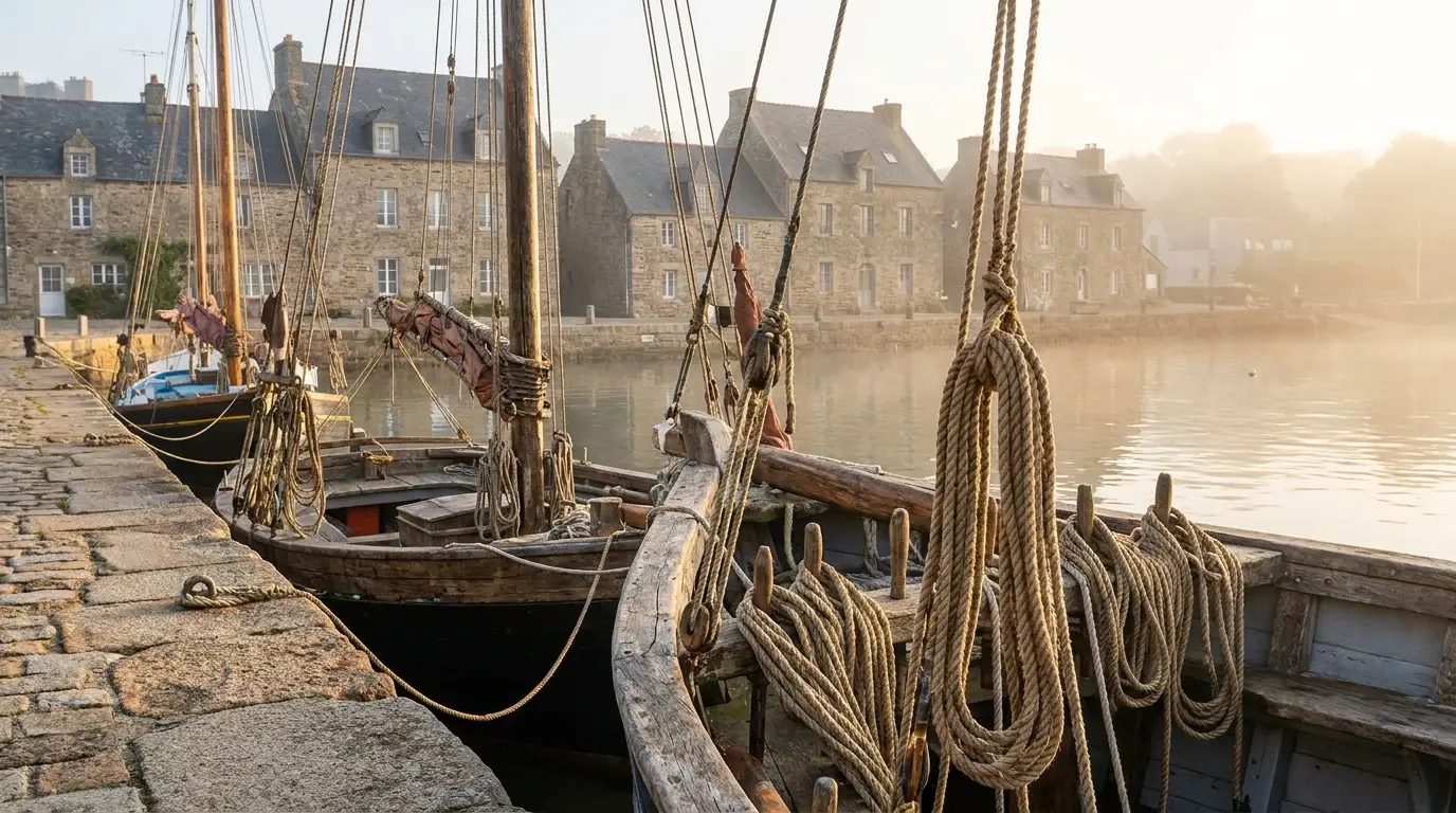 Vieux port breton au petit matin, cordages et gréements sur le quai
