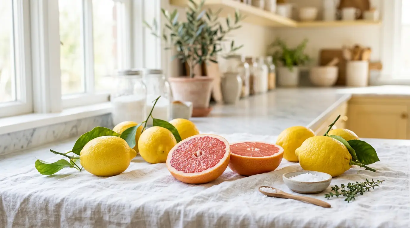 Citrons et pamplemousses sur une nappe de lin baignée de soleil