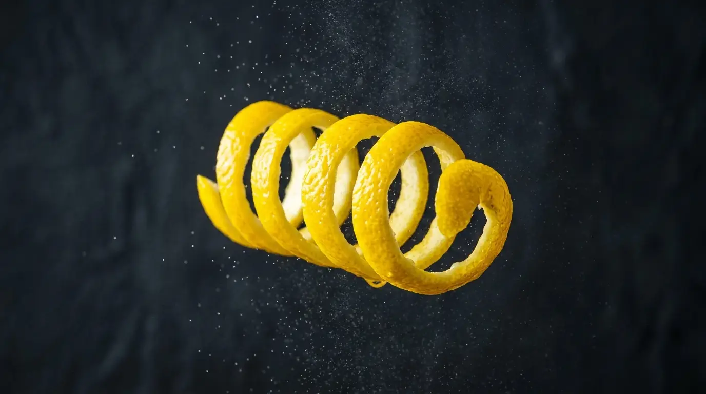 Zeste de citron en spirale sur fond sombre, jaune éclatant