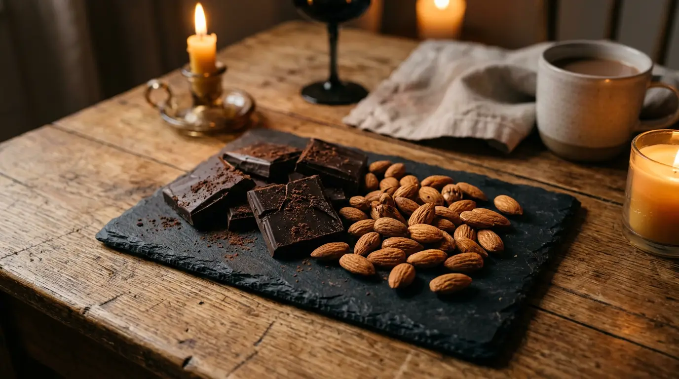 Carrés de chocolat noir et amandes grillées sur ardoise, lumière chaude