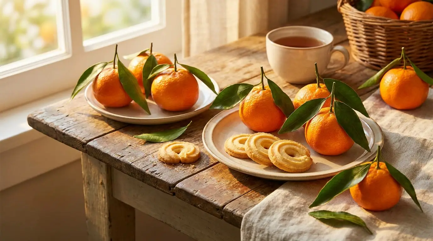 Mandarines et cookies dorés sur une table en bois, lumière chaude