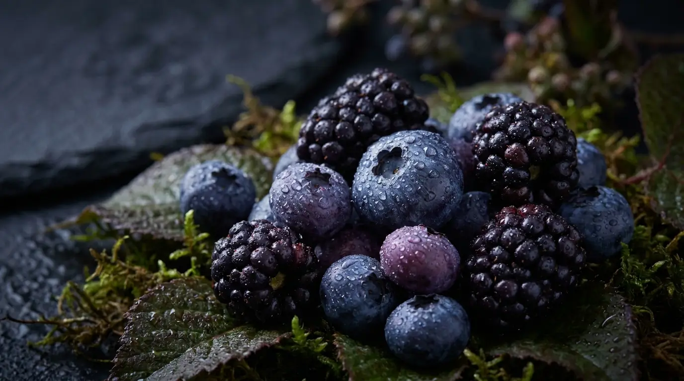 Myrtilles et mûres en gros plan, tons violets profonds