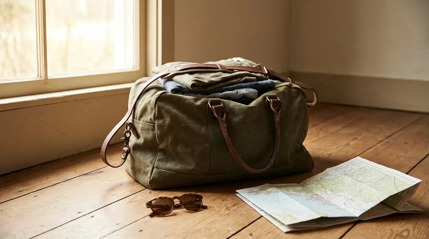 Sac de week-end prêt au départ, lunettes de soleil et carte pliée