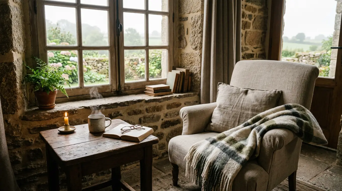 Coin lecture cosy dans une maison bretonne, mug fumant et plaid
