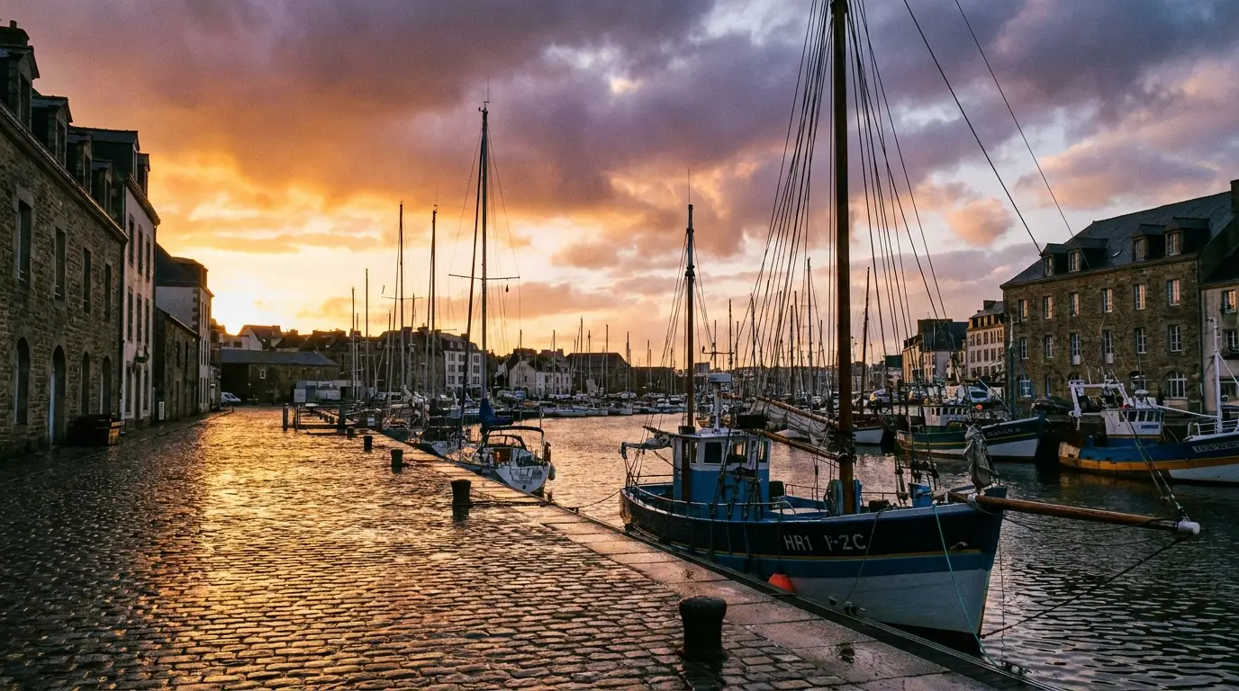 Port de Lorient au coucher du soleil, voiliers le long du quai
