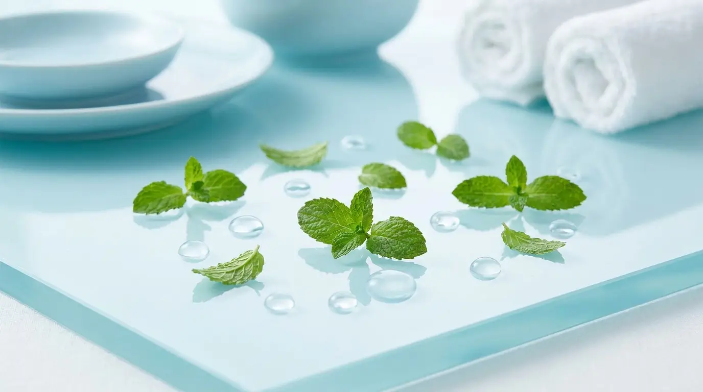 Feuilles de menthe fraîche et gouttes d'eau sur surface bleu clair