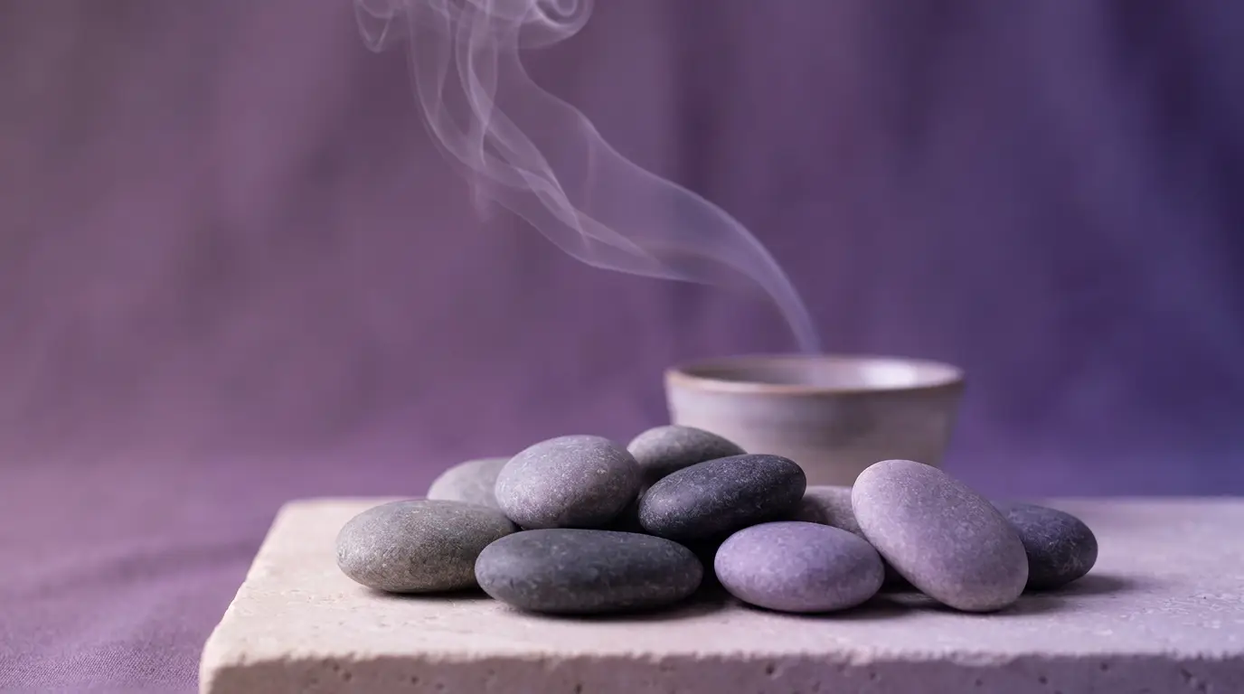 Dégradé violet doux avec galets lisses et brume légère