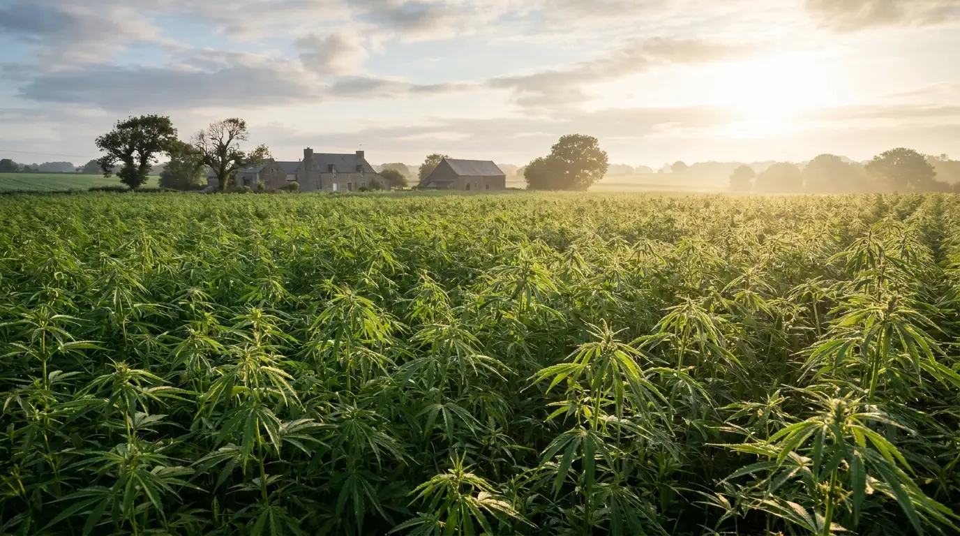 Champ de chanvre au lever du soleil en Bretagne, rosée sur les feuilles