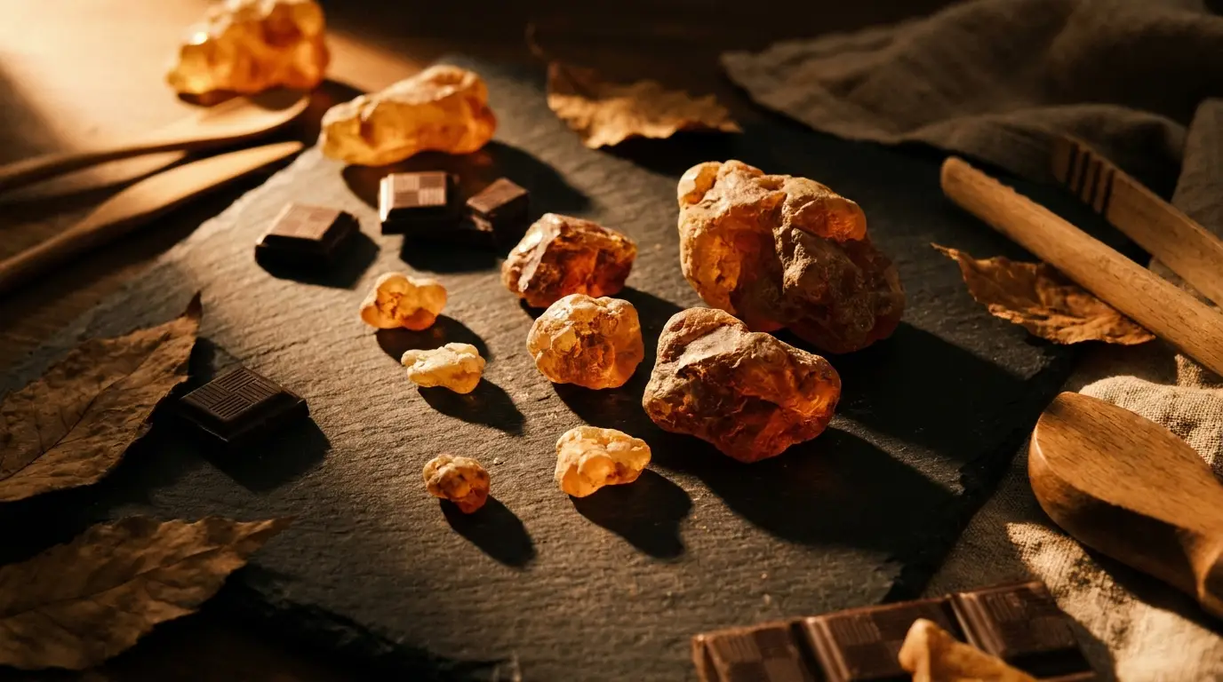 Morceaux d'ambre naturel et carrés de chocolat noir sur ardoise sombre