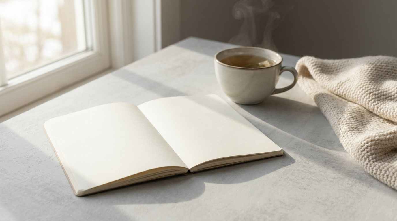 Carnet ouvert et tasse fumante sur un bureau clair, lumière du matin