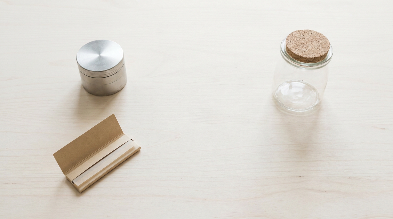 Grinder, feuilles et bocal disposés sur une table en bois clair