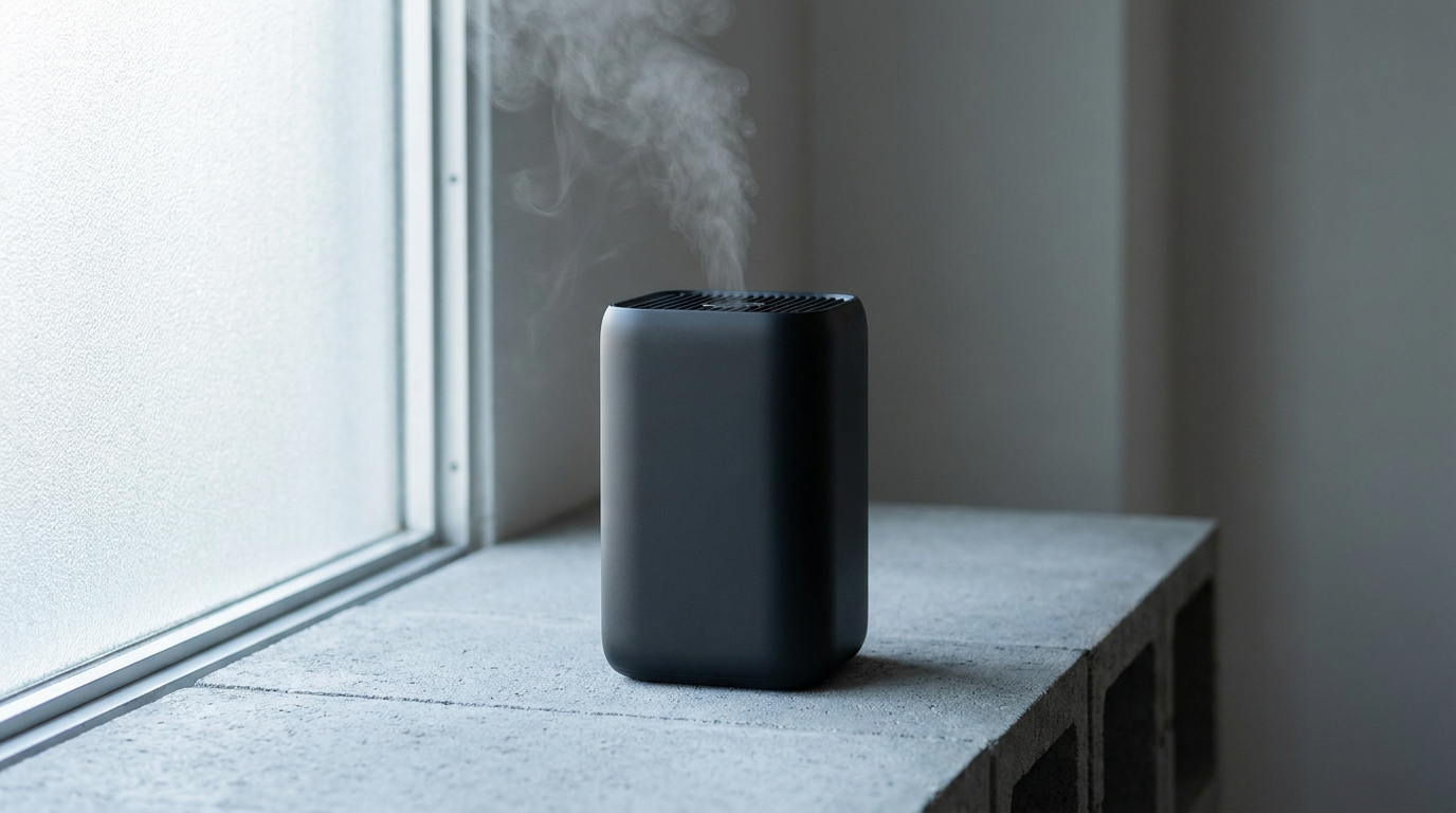 Appareil noir mat posé sur une surface en béton, fine volute de vapeur