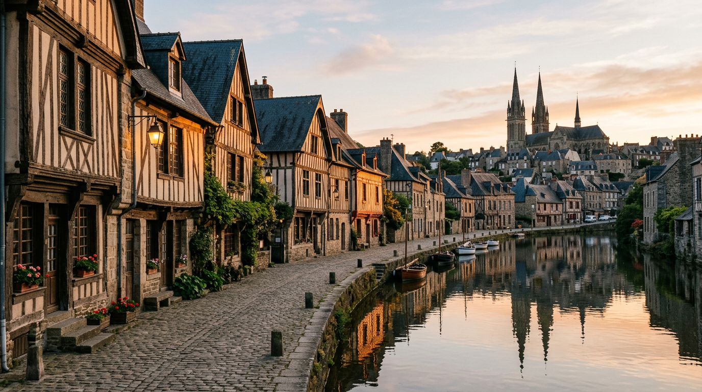 Vieille ville bretonne au bord d une rivière, lumière dorée de fin de journée