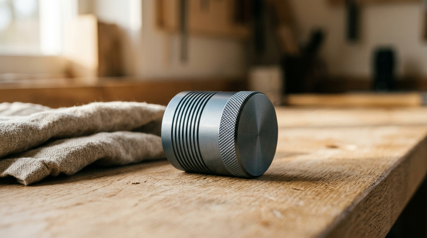 Petit broyeur cylindrique en aluminium pose sur un plan de travail en chene clair