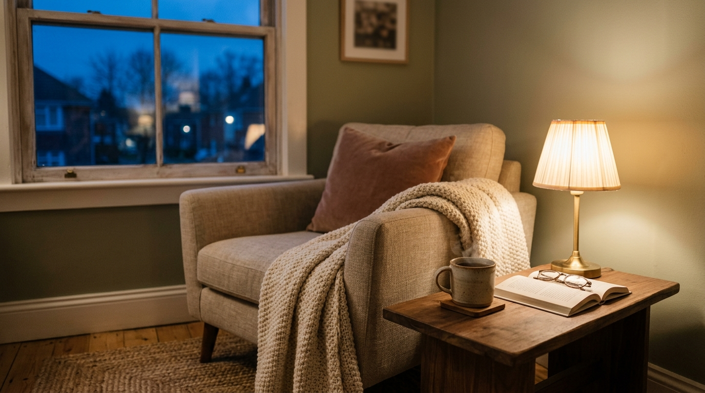 Coin salon au crepuscule, plaid en maille sur un fauteuil, lampe chaude et mug fumant