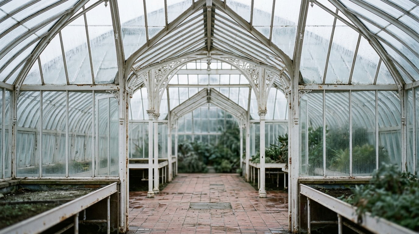 Interieur d une serre victorienne vide, structures metalliques blanches et vitrages embues