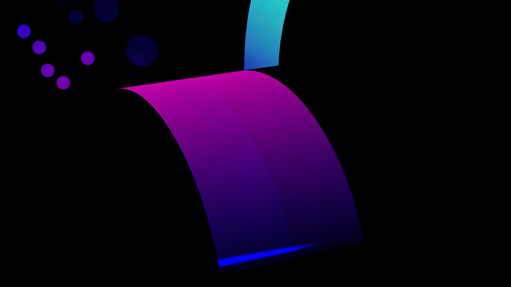 Rubans de degrade brillants magenta, violet et cyan sur fond presque noir, rendu 3D abstrait