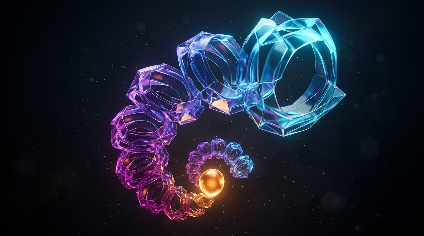 Spirale de coquilles géométriques translucides naissant d'une petite sphère lumineuse, dégradé magenta vers cyan et cœur ambré sur fond presque noir
