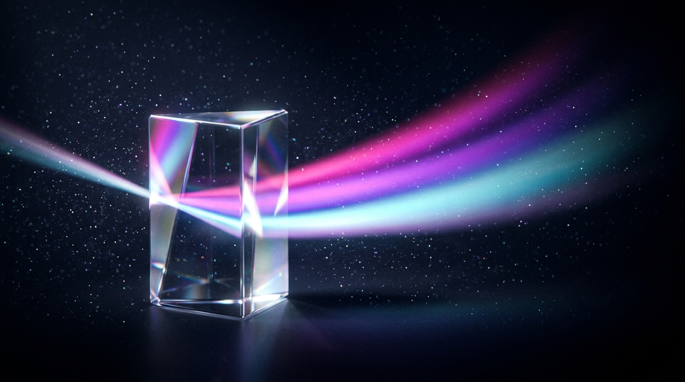 Prisme de verre décomposant un faisceau lumineux en bandes magenta, violet et cyan sur fond presque noir