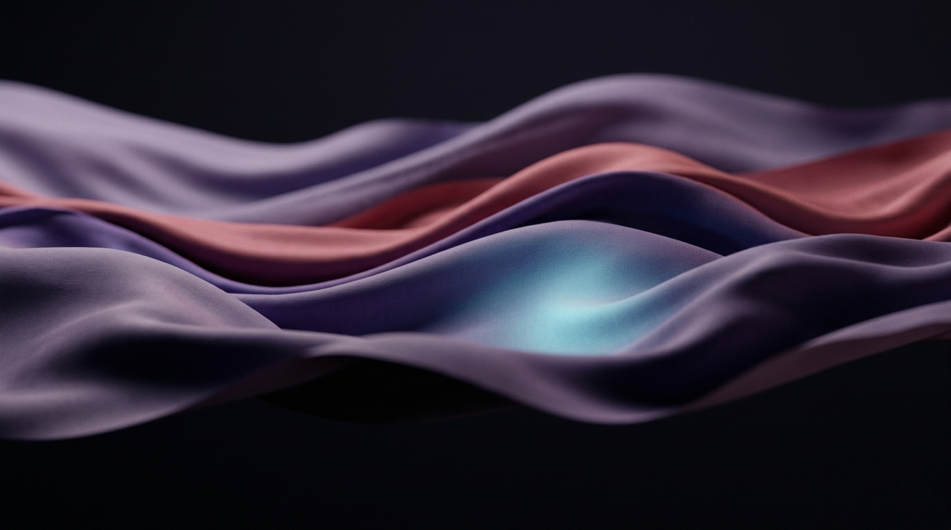 Vagues horizontales de soie violet mat et rose chaud sur fond presque noir, avec une touche cyan, rendu 3D abstrait