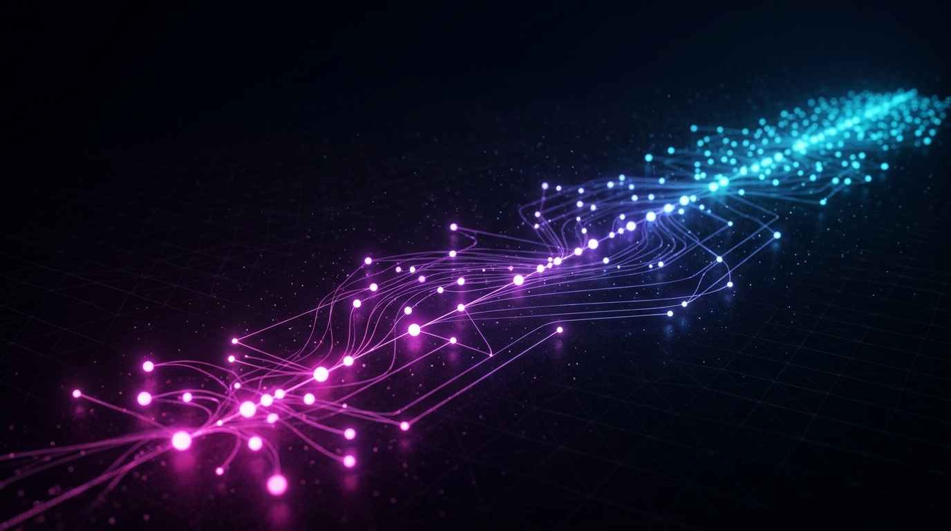 Ligne de temps abstraite en 3D, faite de points et de fils de lumière magenta puis cyan, s'enfonçant dans un fond presque noir