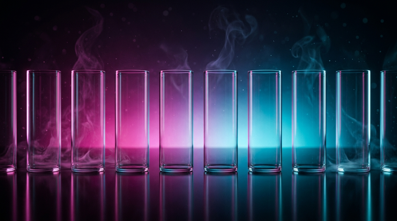 Formes cylindriques en verre alignées, rétroéclairage magenta puis cyan, volutes de vapeur, rendu 3D abstrait
