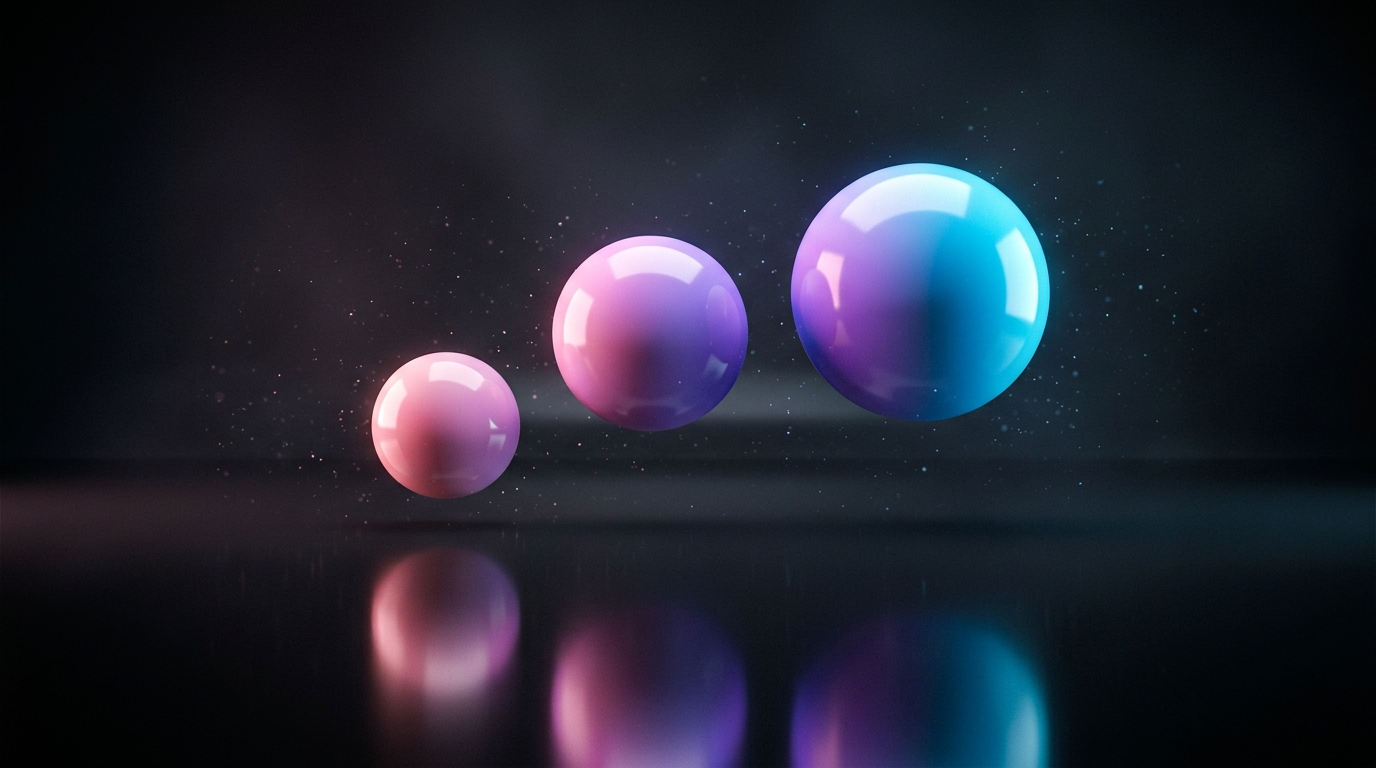 Trois spheres brillantes de taille croissante flottant en arc, degrade rose vers violet puis cyan, reflets sur un plan de verre presque noir