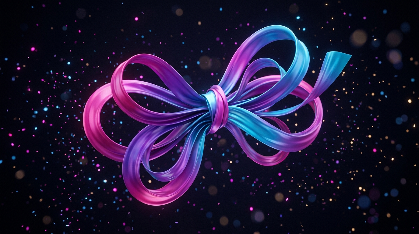 Boucles de ruban satiné en dégradé magenta, violet et cyan formant un nœud abstrait, confettis scintillants sur fond presque noir
