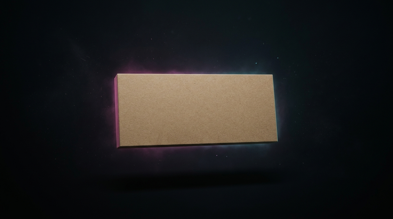 Bloc rectangulaire en carton kraft parfaitement vierge flottant dans un espace presque noir, halo de lumiere magenta et cyan, rendu 3D abstrait