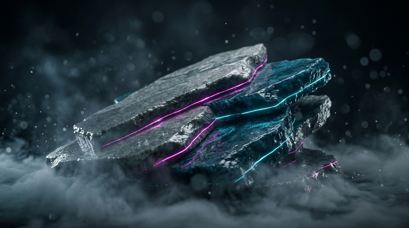 Dalles translucides gris granit et bleu profond dans une brume basse, traversées de veines de lumière magenta et cyan, rendu 3D abstrait