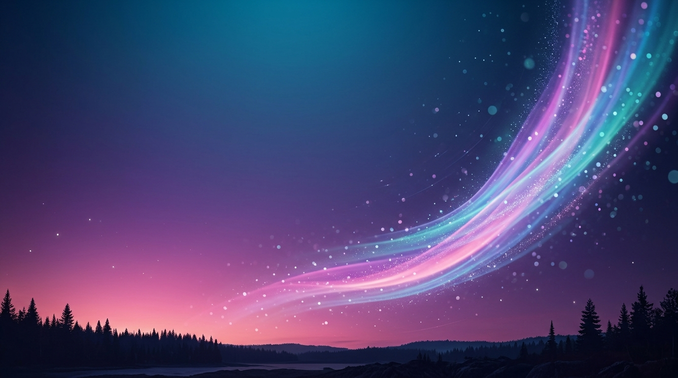 Rubans de lumiere rose et cyan au-dessus d'un horizon boise la nuit