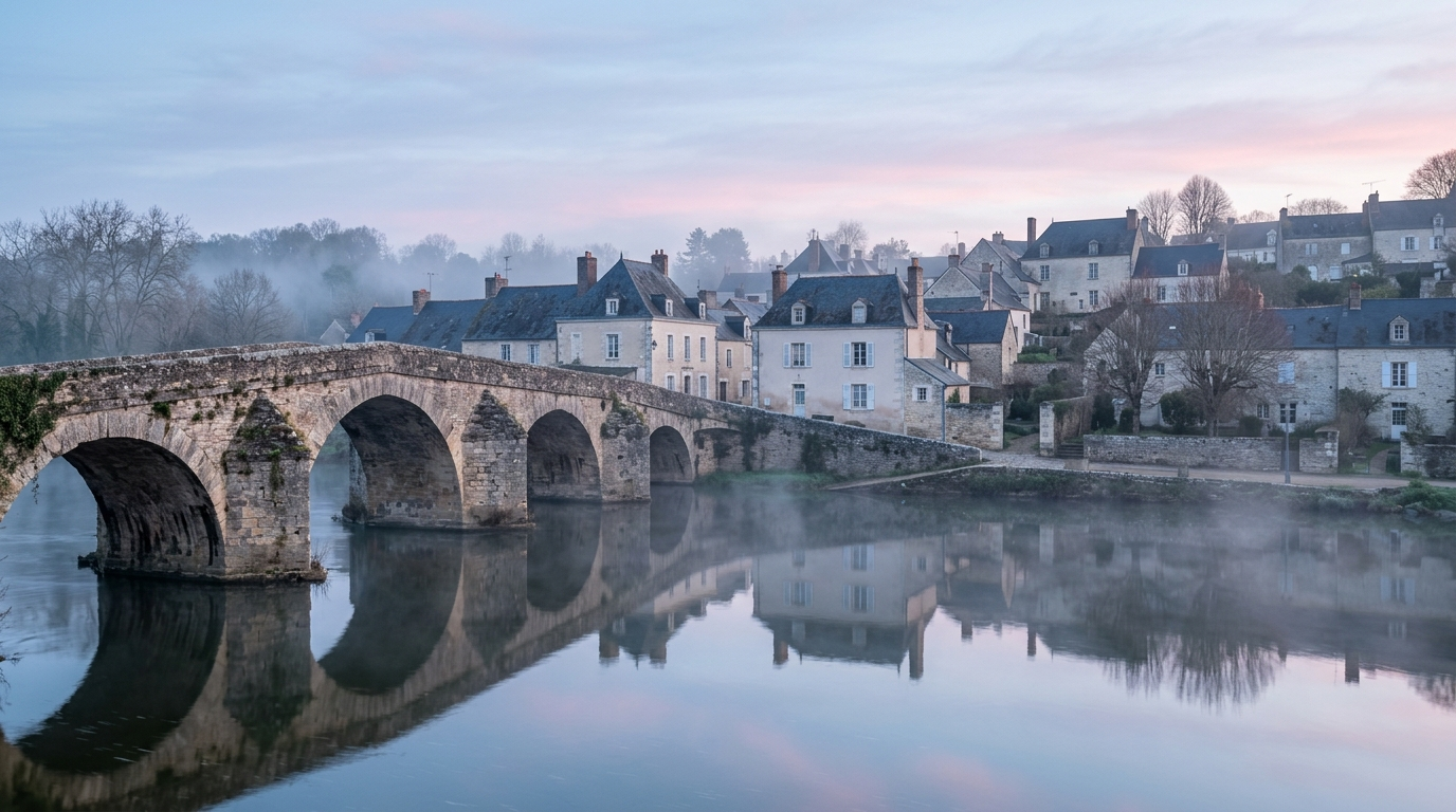 Pont de pierre sur une riviere calme au petit matin, brume et toits d'ardoise