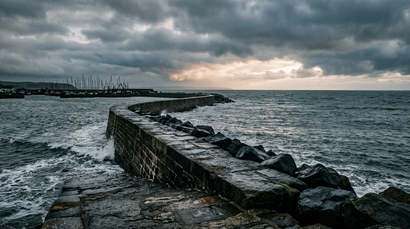 Longue digue de port face a une mer grise et bleue, ciel de nuages