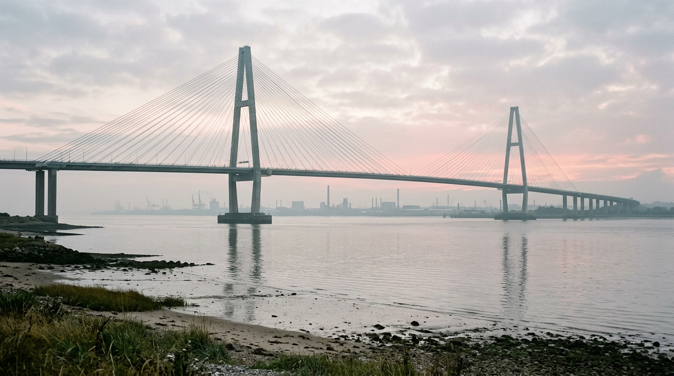 Grand pont a haubans au-dessus d'un estuaire dans la brume marine
