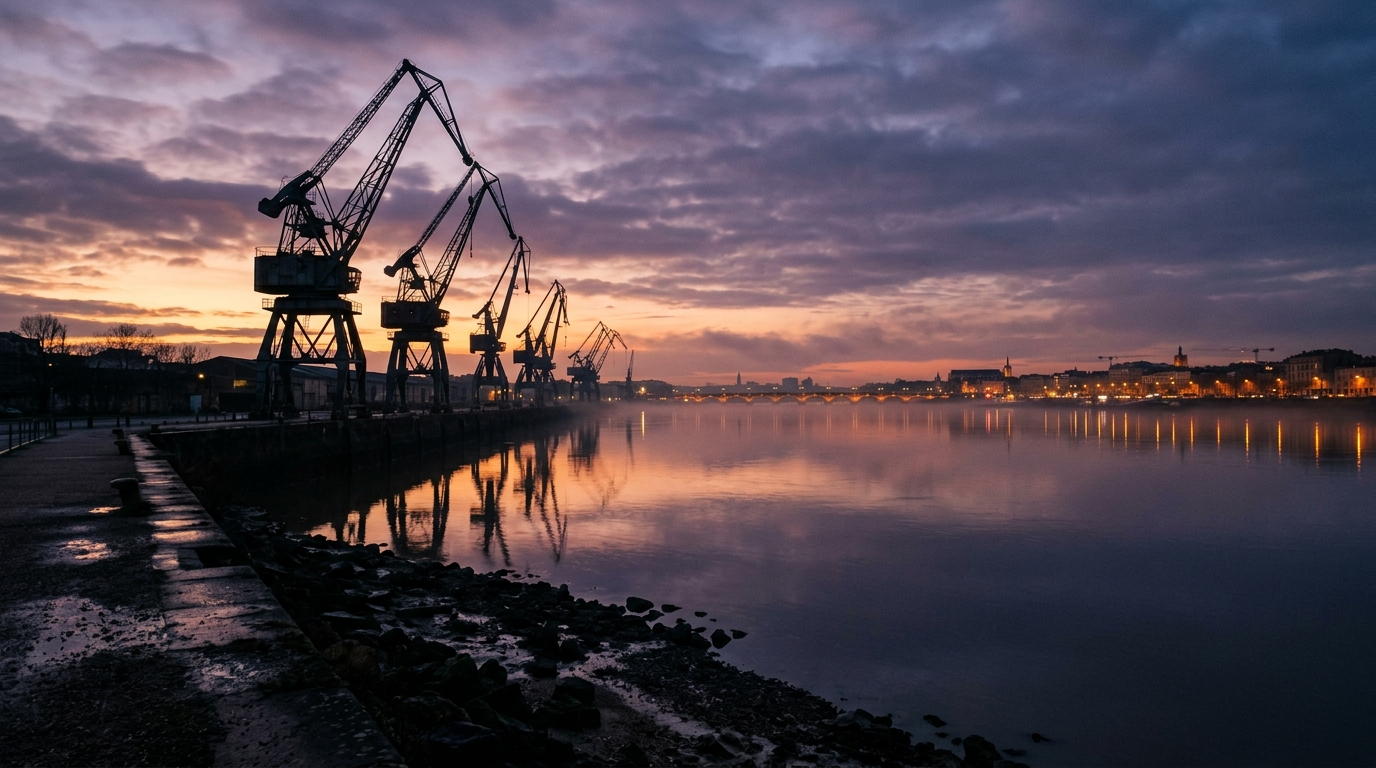 Quais d'un fleuve au crepuscule, silhouettes de grues, ciel violet et orange